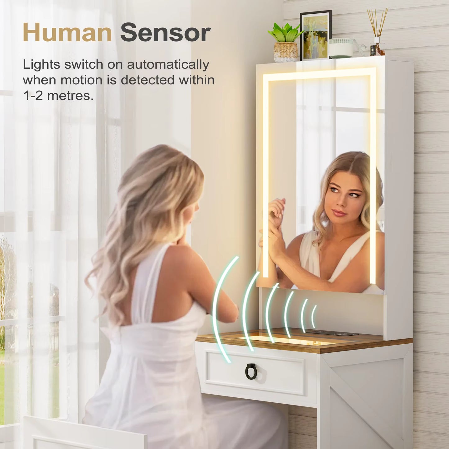 3-in-1 kaptafel met LED-spiegel en opbergkruk