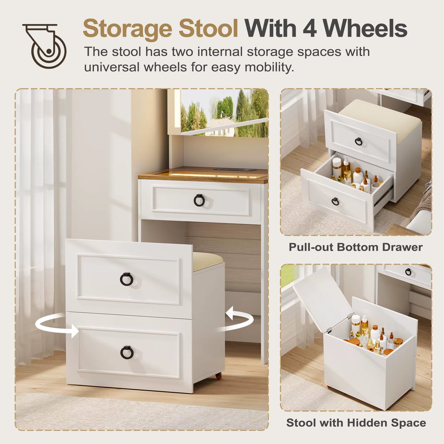 3-in-1 kaptafel met LED-spiegel en opbergkruk